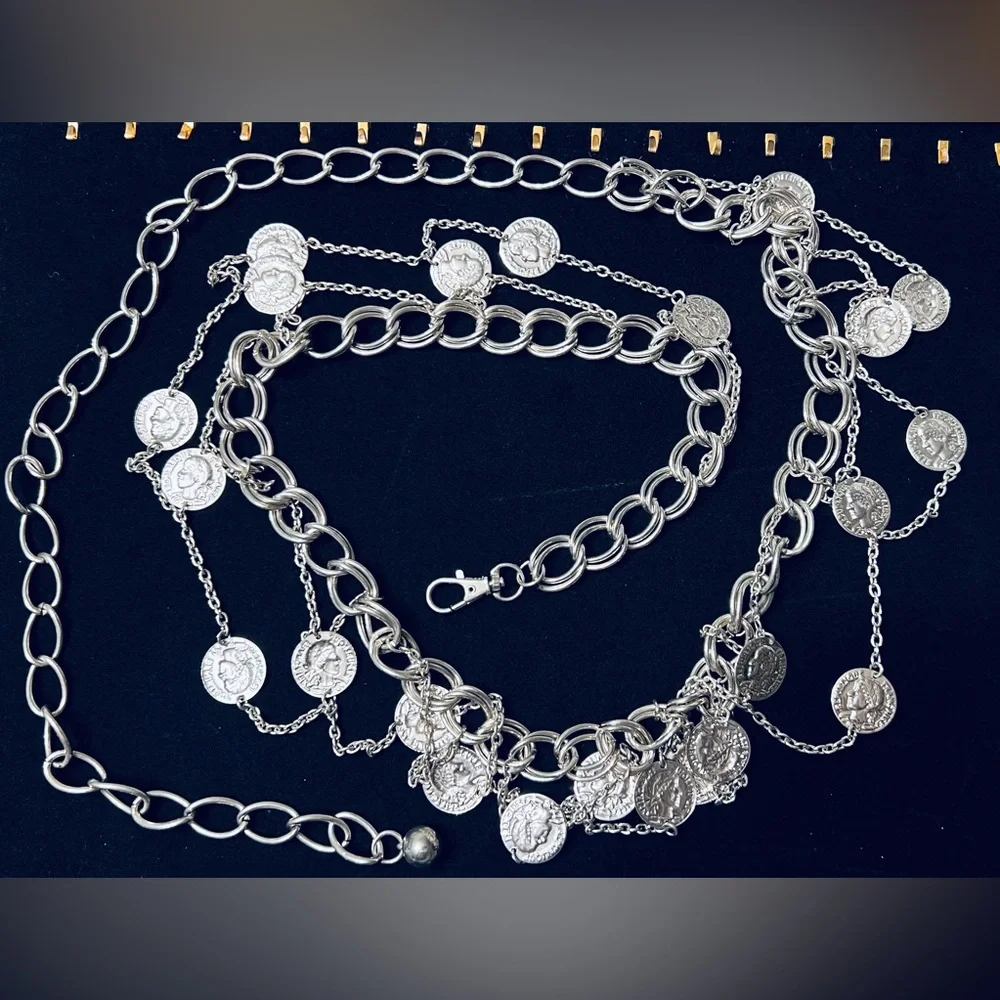 Vintage Silver Tone Coin Chain Link Belt - Picture 1 of 10